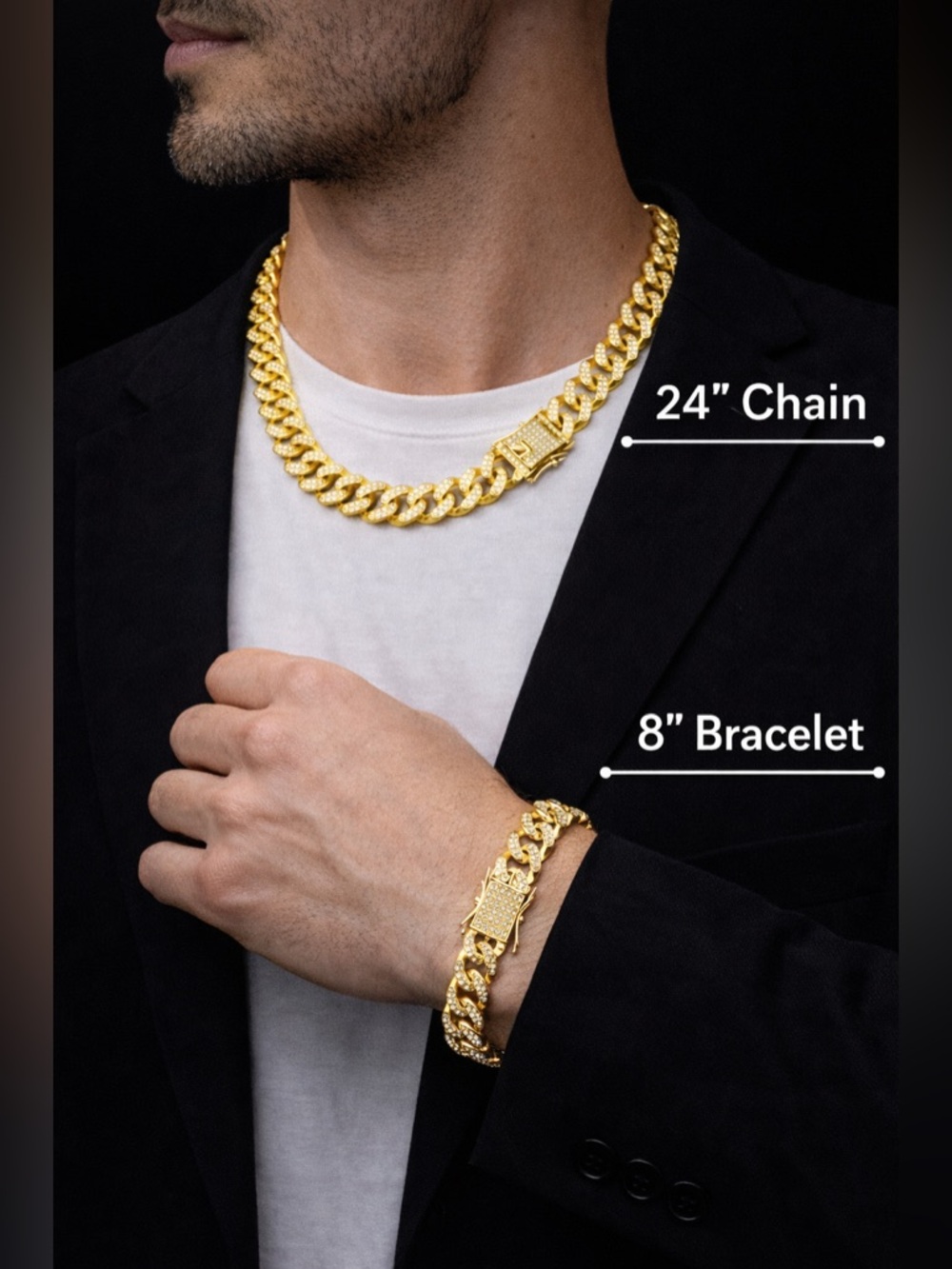 Men’s Iced Cuban Link Chain & Bracelet Set | Diamond-Cut Gold Statement Jewelry